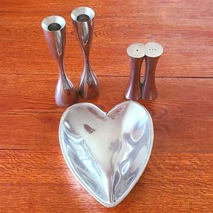 Nambe Heart Bowl, Candlesticks, Salt & Pepper Shakers